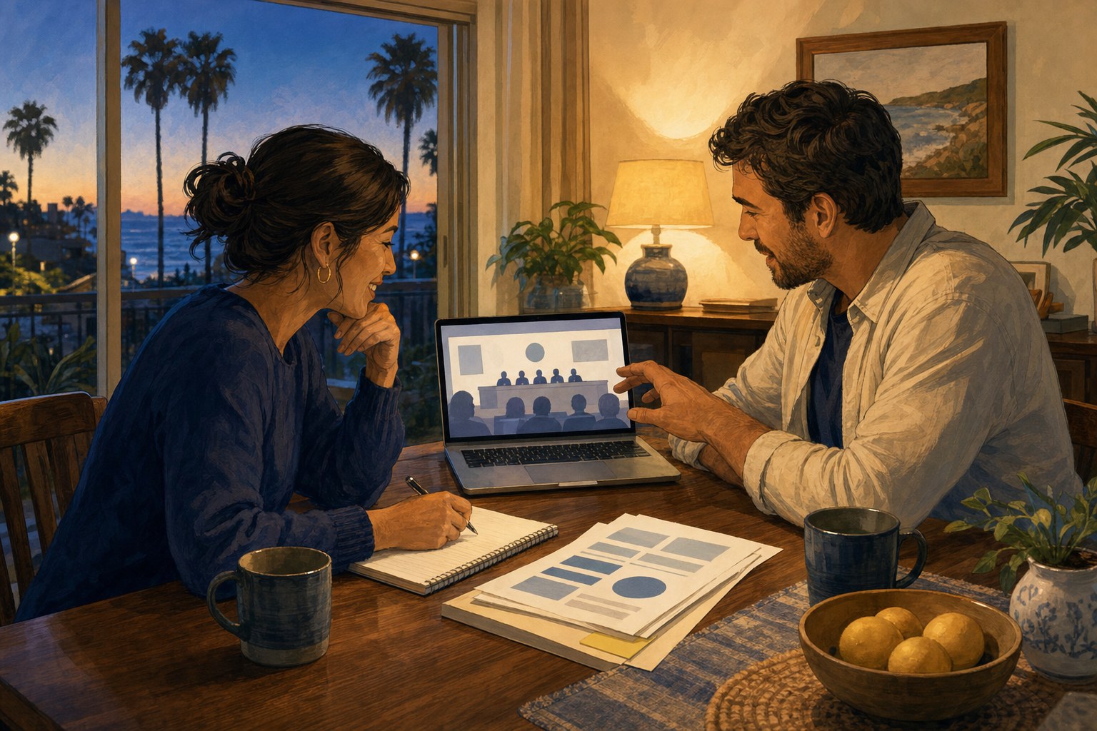 Neighbors reviewing a City Council meeting update together at home