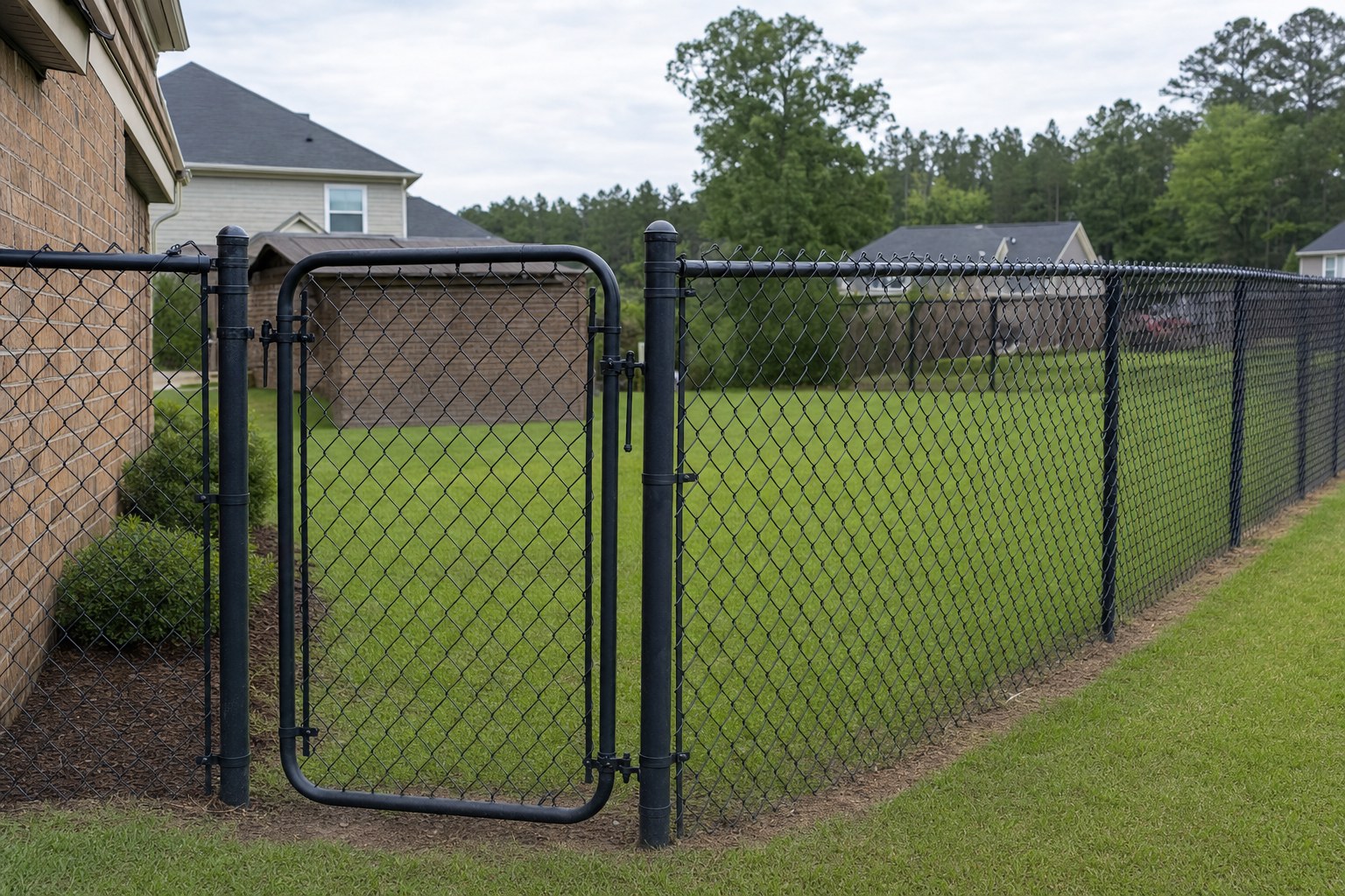 Black chain-link fence and gate enclosing a residential yard