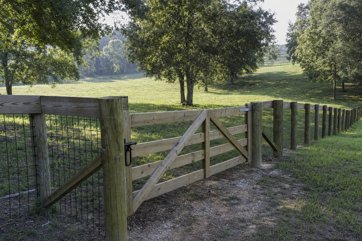 Wood and wire farm fence with a gate beside a pasture