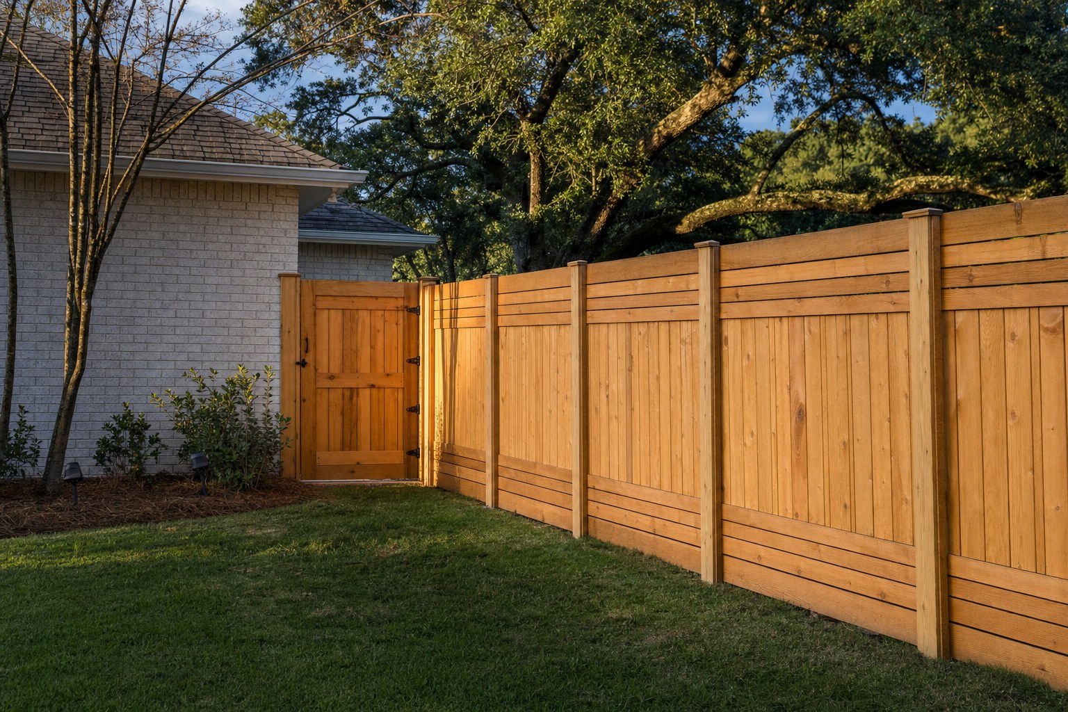 Specialty wood privacy fence with a wood gate at a residential property
