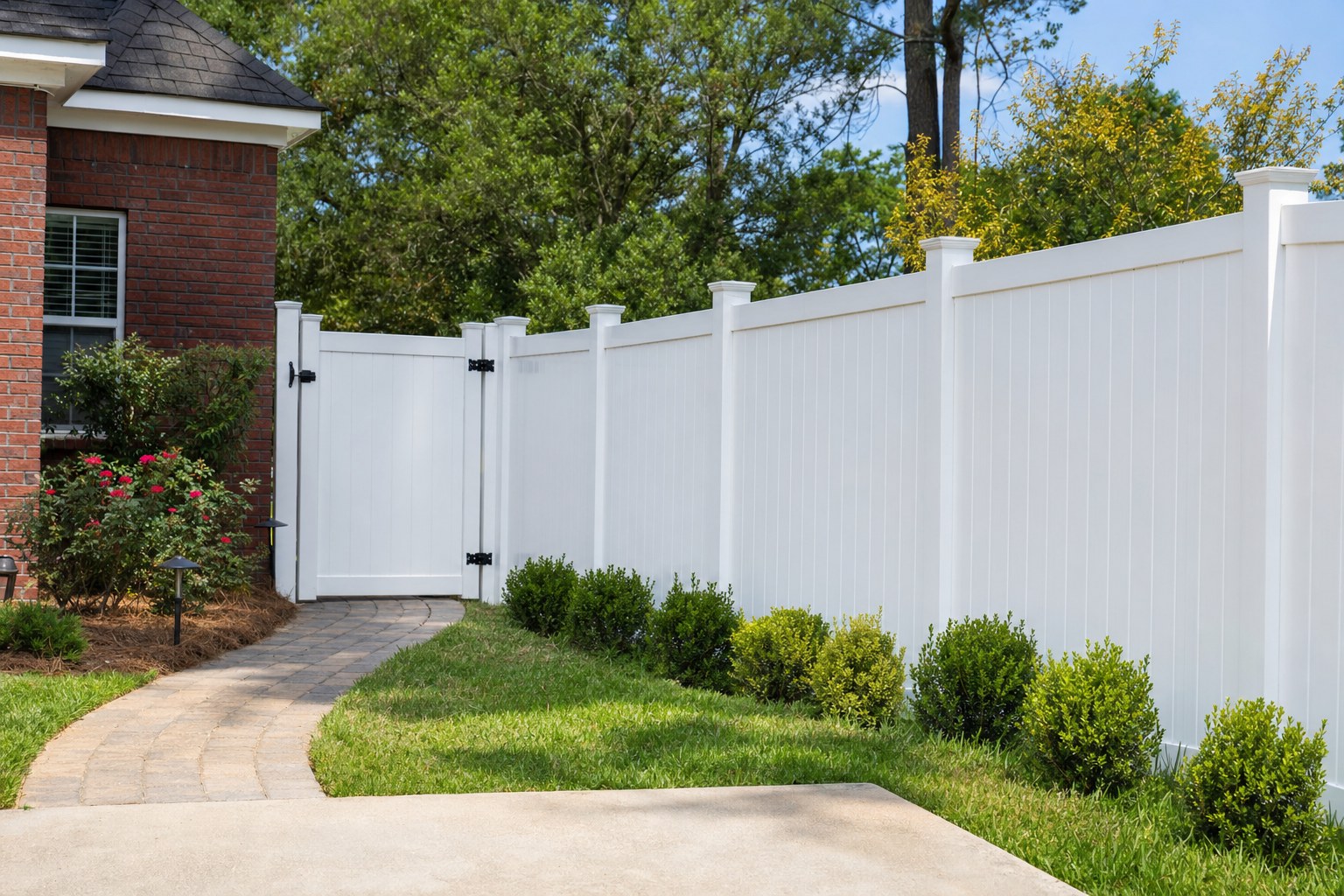White vinyl privacy fence with gate beside a brick home