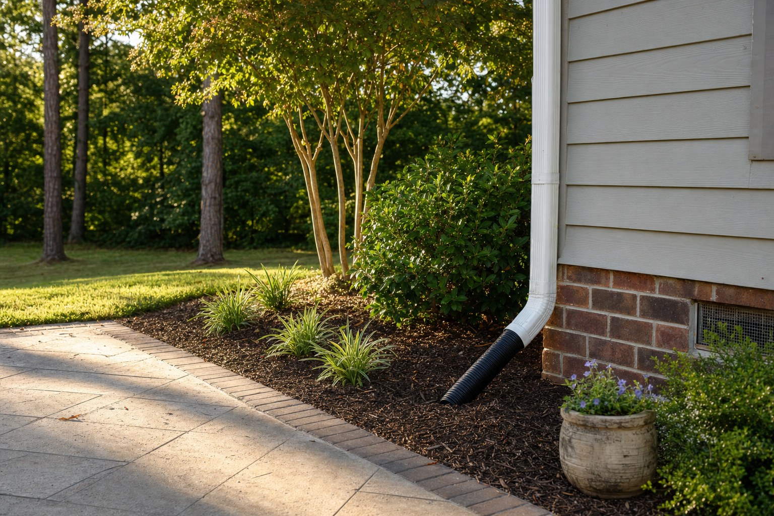 Finished downspout route beside a home