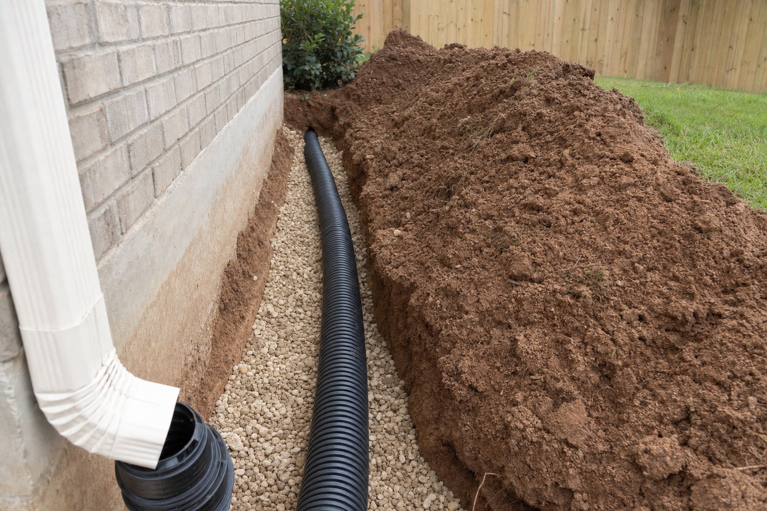 Drainage pipe set in a trench beside a home