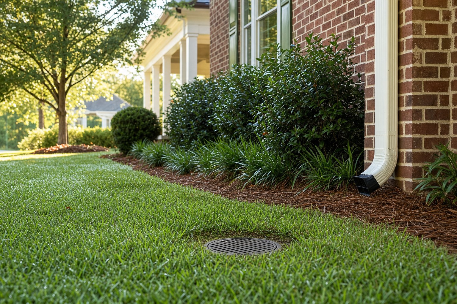 Downspout connection and lawn grate beside a home