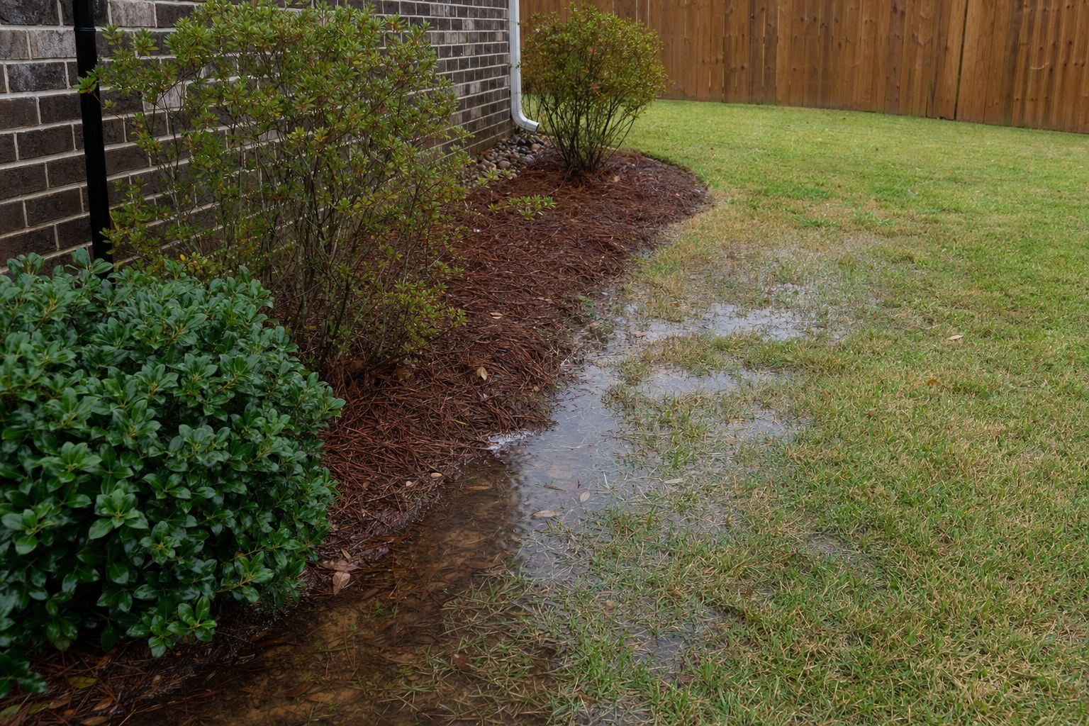 Standing water beside a brick home