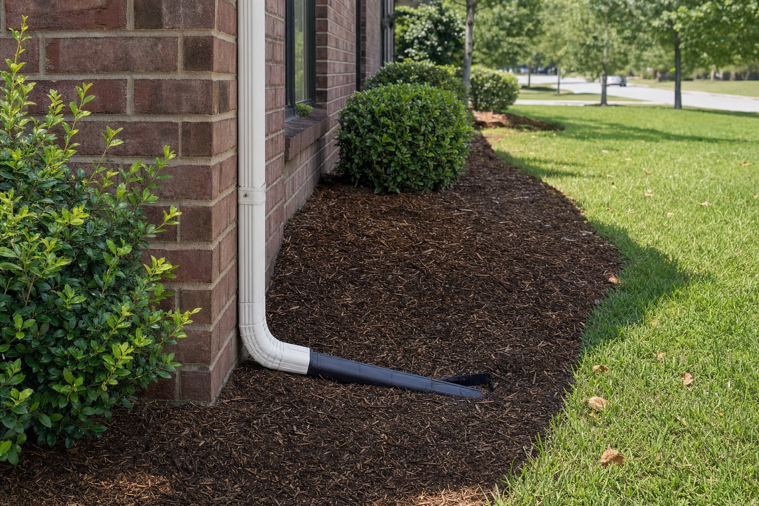 Downspout and runoff extension beside a landscaped home