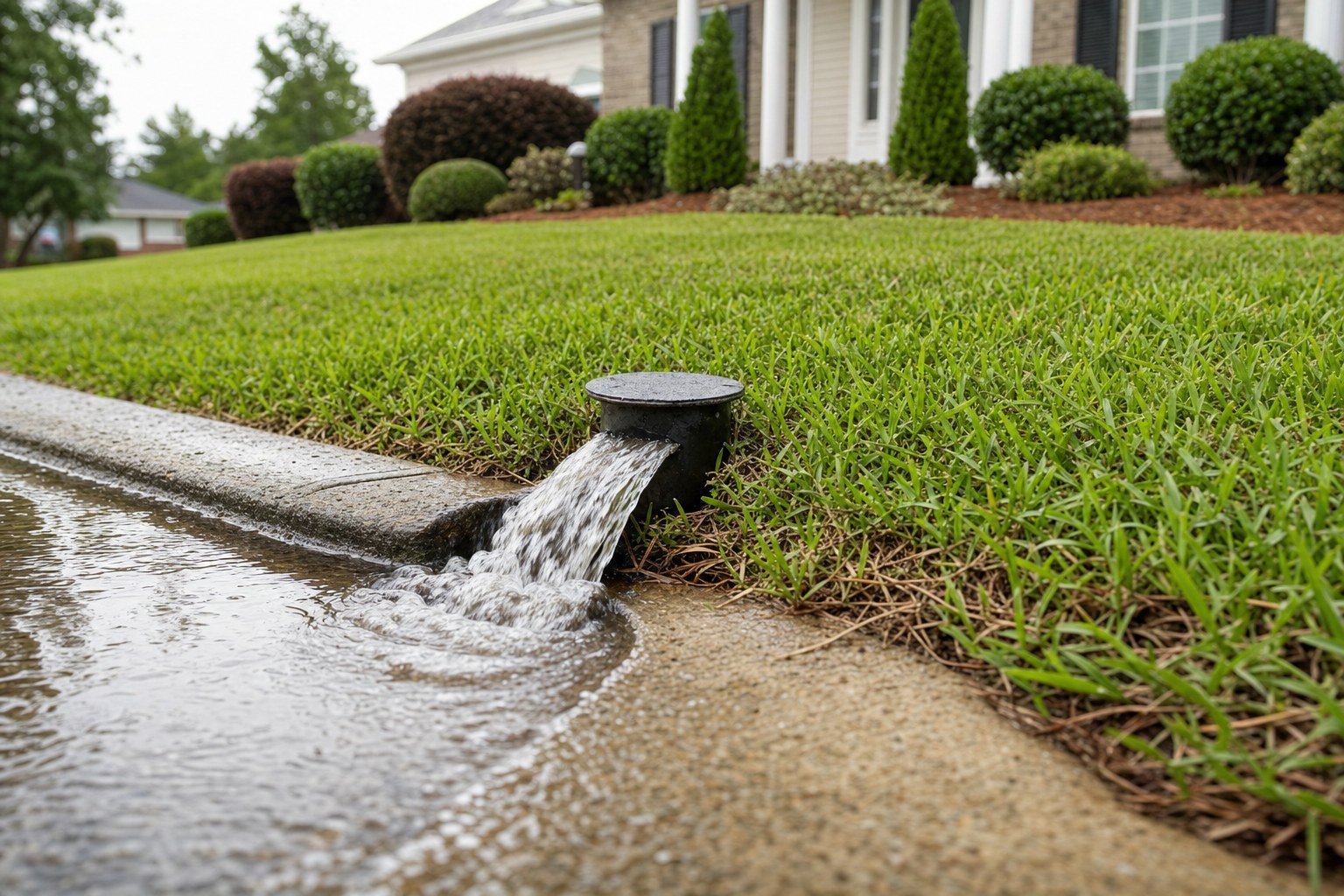 Low-profile lawn discharge point