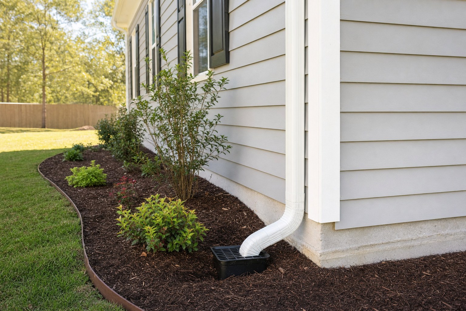 Downspout entering a ground-level connection beside a home
