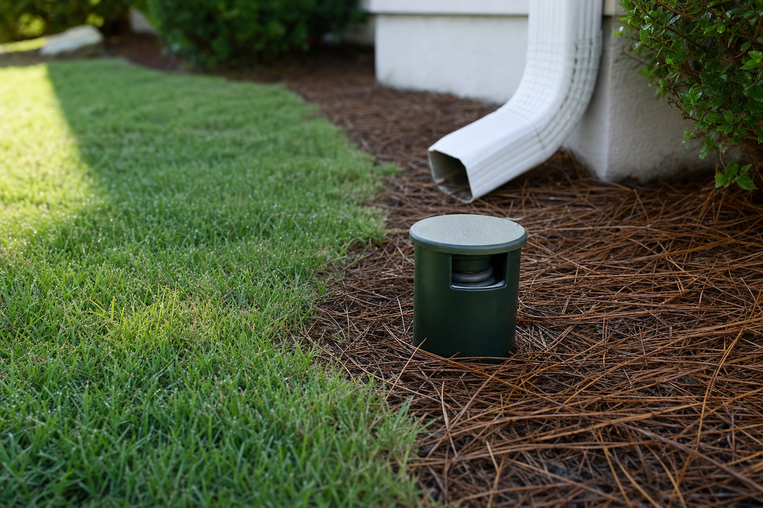 Pop-up drainage emitter beside a lawn