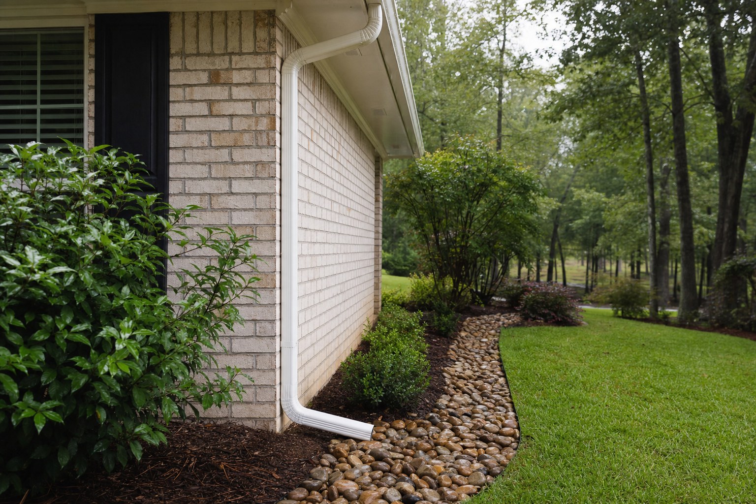 Stone-lined water path beside a home