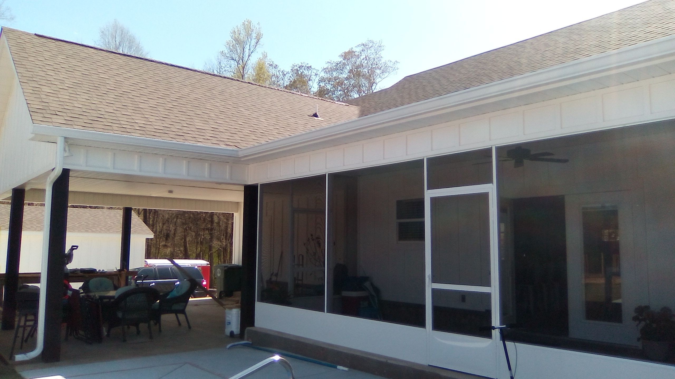 Finished gutters at a covered outdoor area