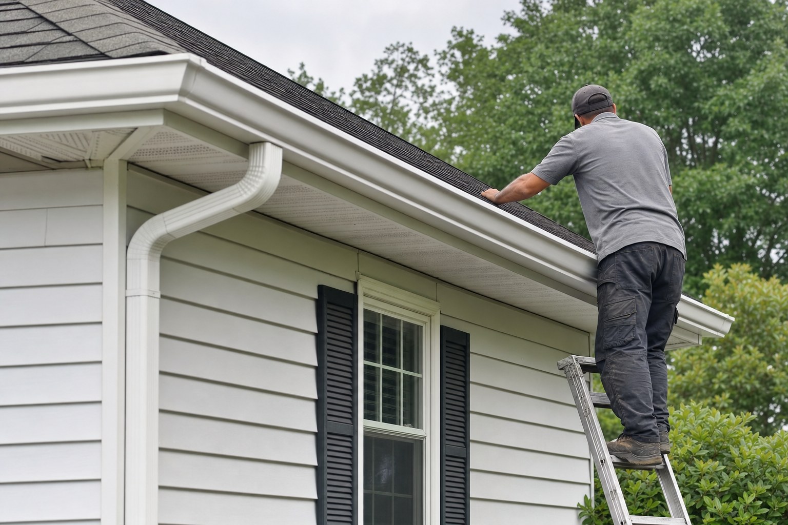 Technician checking a white gutter line along a residential roofline