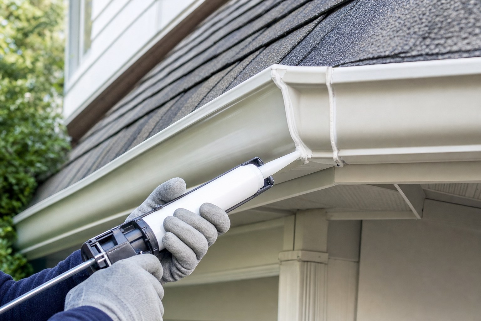 Close view of a gutter corner being resealed