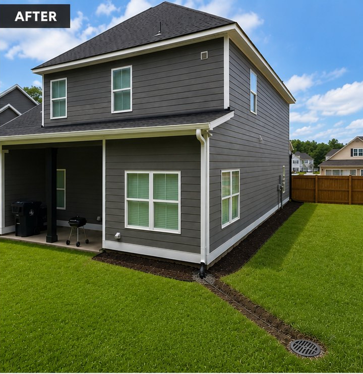Finished residential yard after exterior drainage work