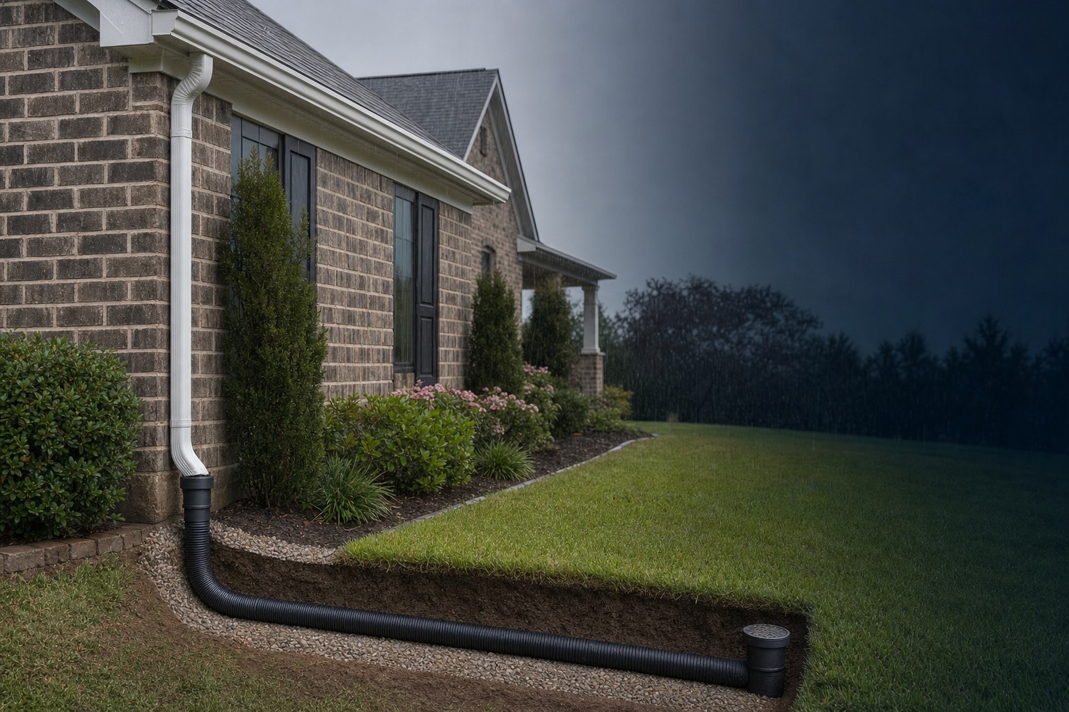 Drainage route beneath a residential lawn