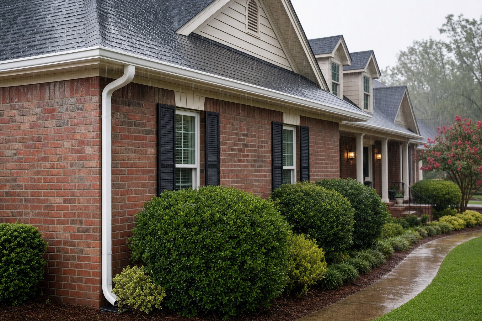 Rain falls on a brick home with white seamless gutters and a connected downspout