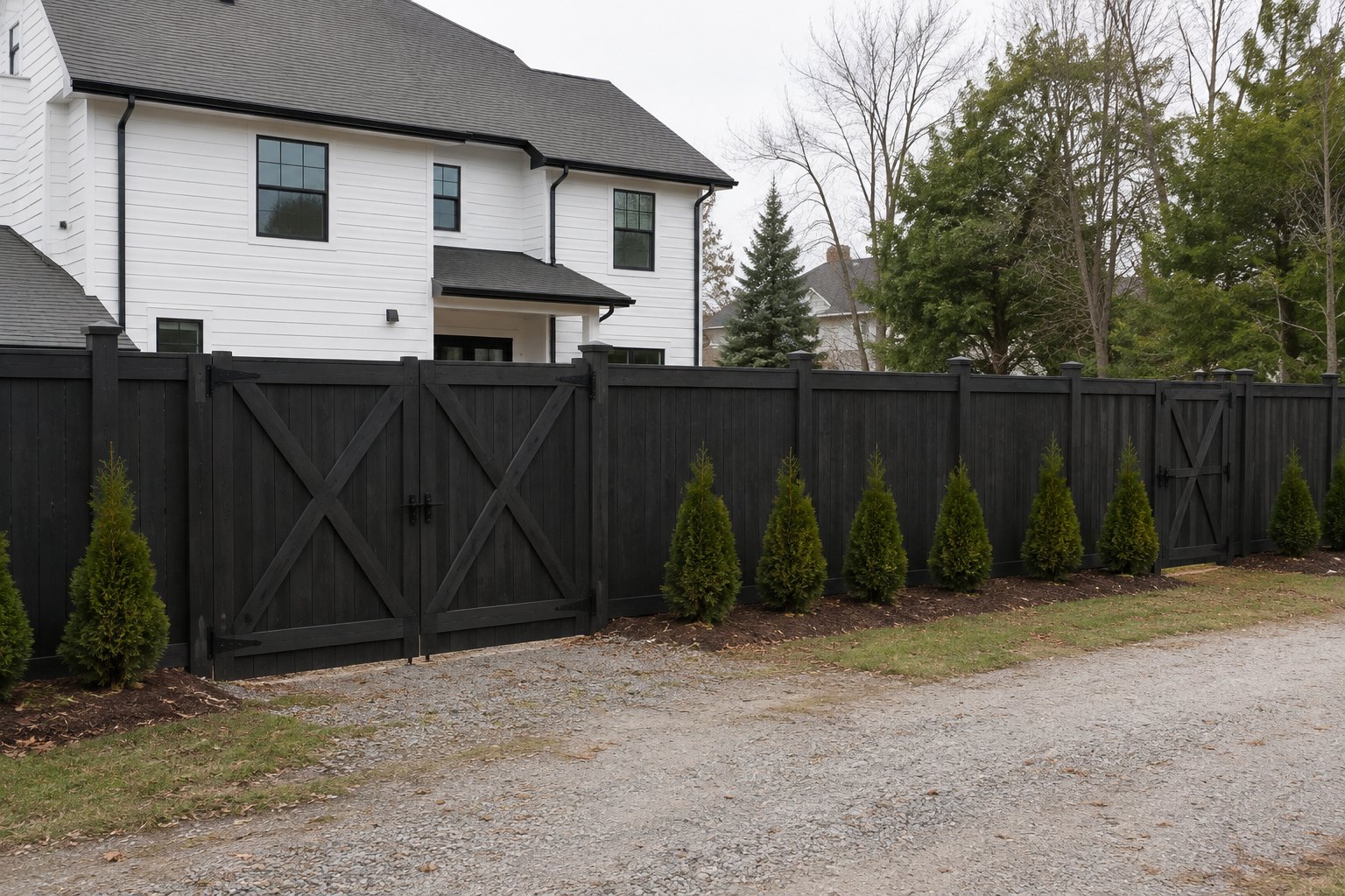 Finished black residential fence creating a clear backyard boundary