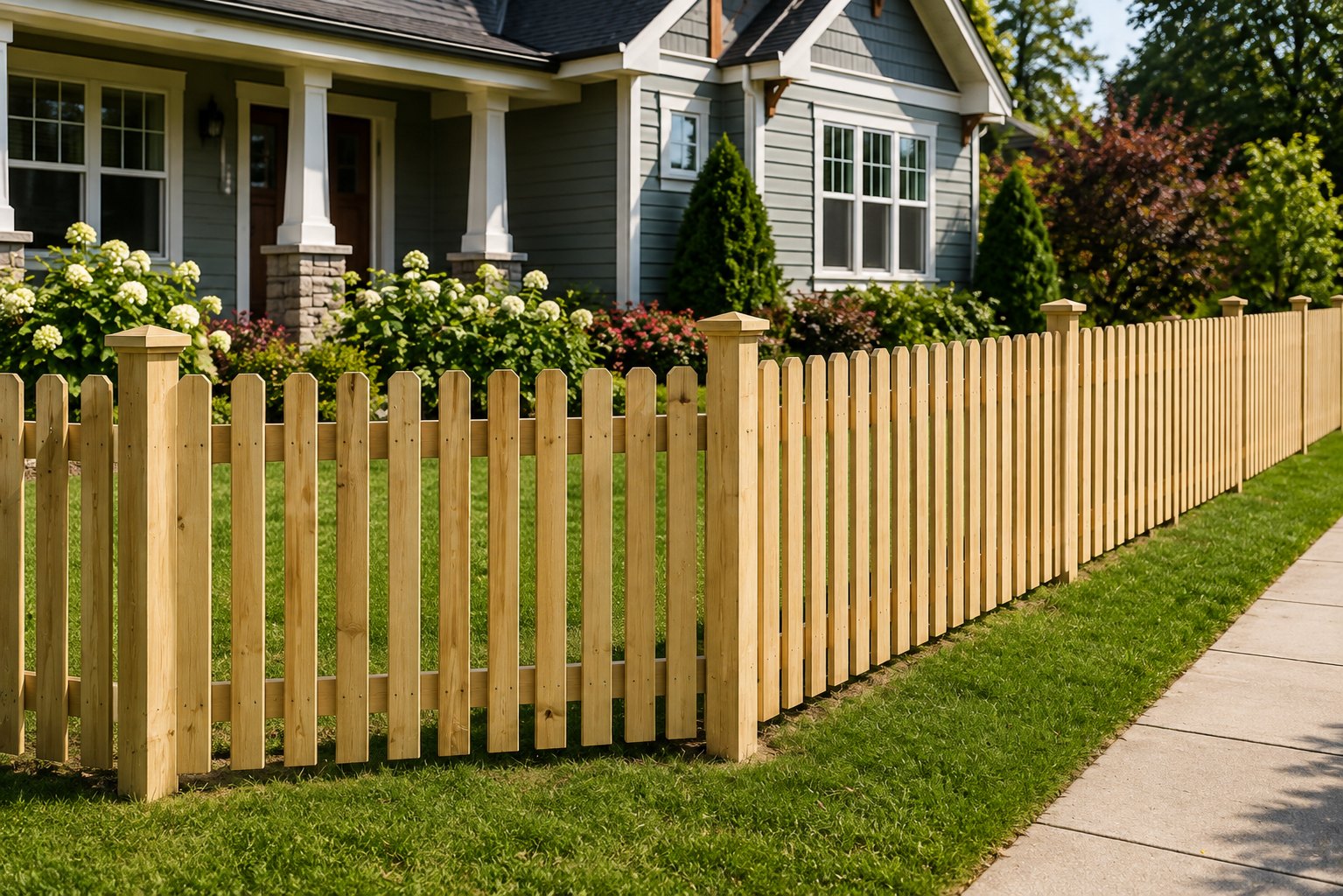 Freshly installed wood privacy fence bordering a residential yard