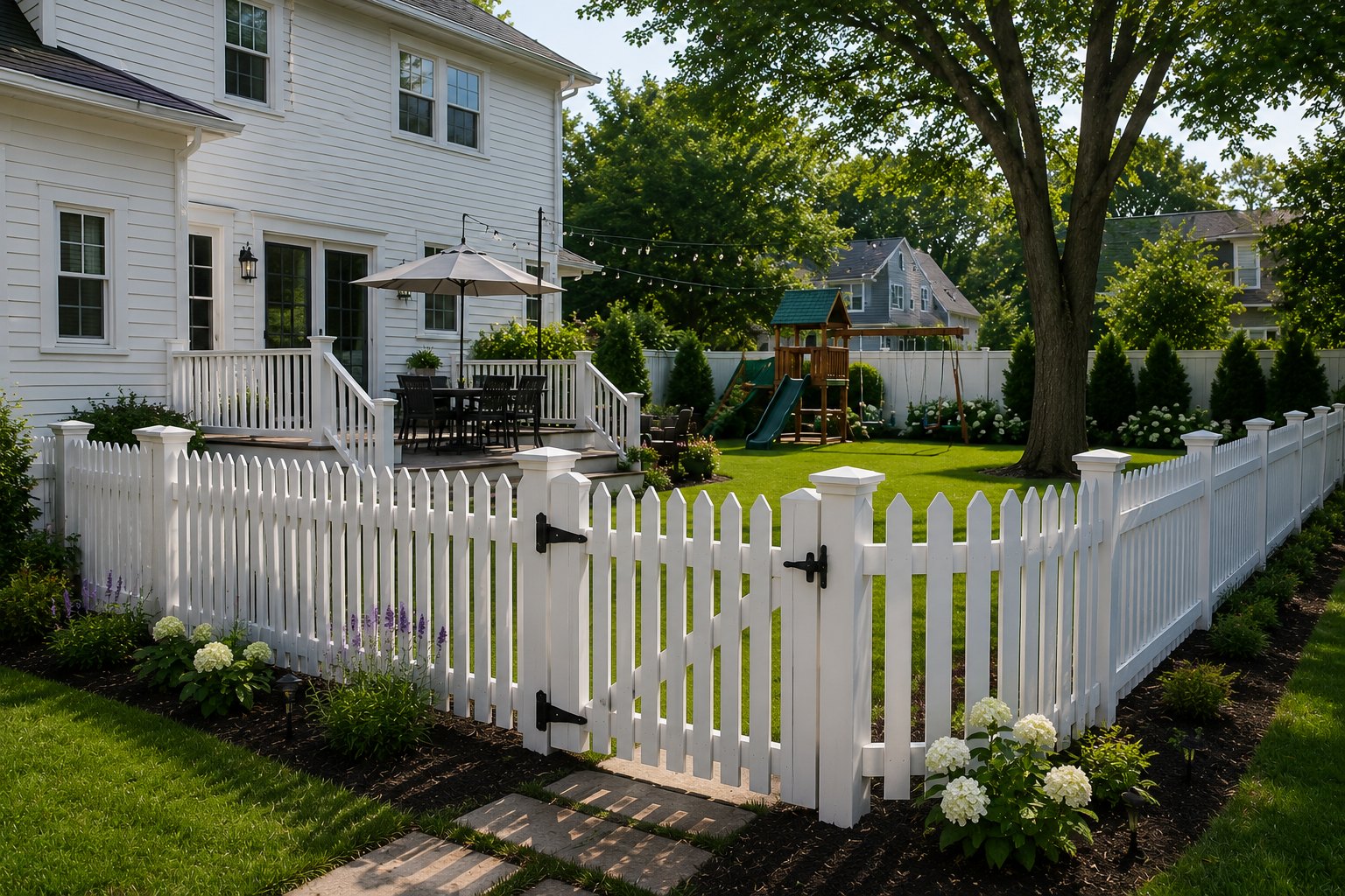 White fence defining a residential property edge