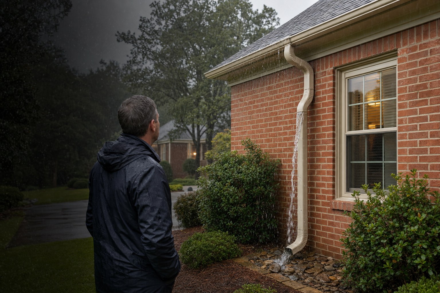 Homeowner checking rainwater flowing through a seamless gutter and downspout