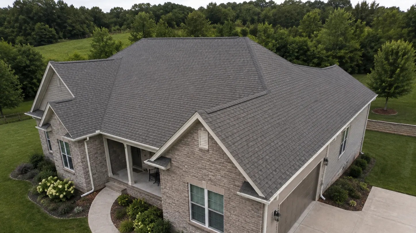 Close view of seamless gutters installed along a home's roofline