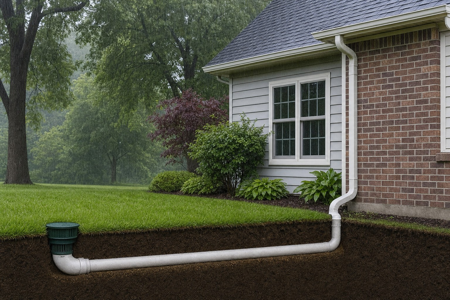 Underground drainage inlet set into a residential yard