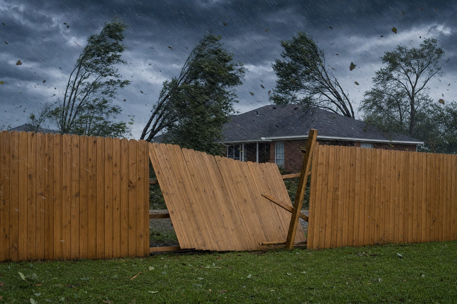 Illustration of a dog-ear wood privacy fence buckling in high winds and driving rain