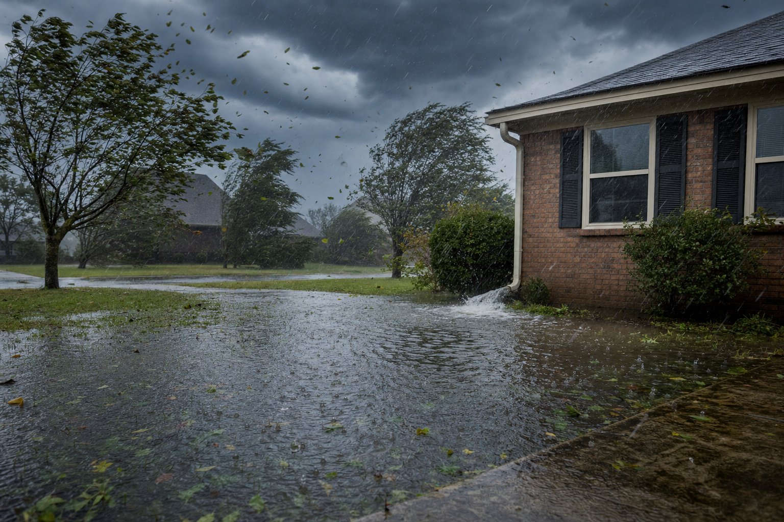 Illustration of stormwater pooling beside a home's foundation during high winds and heavy rain