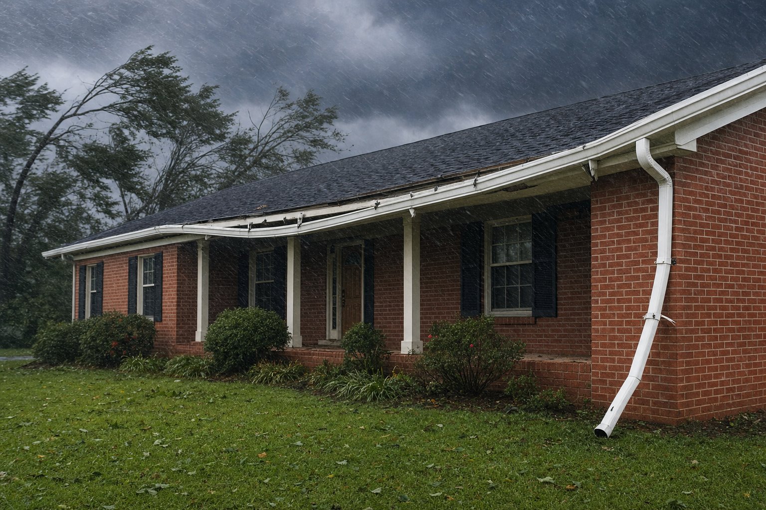 Illustration of one long storm-damaged gutter run and a bent downspout pulling away from a brick home