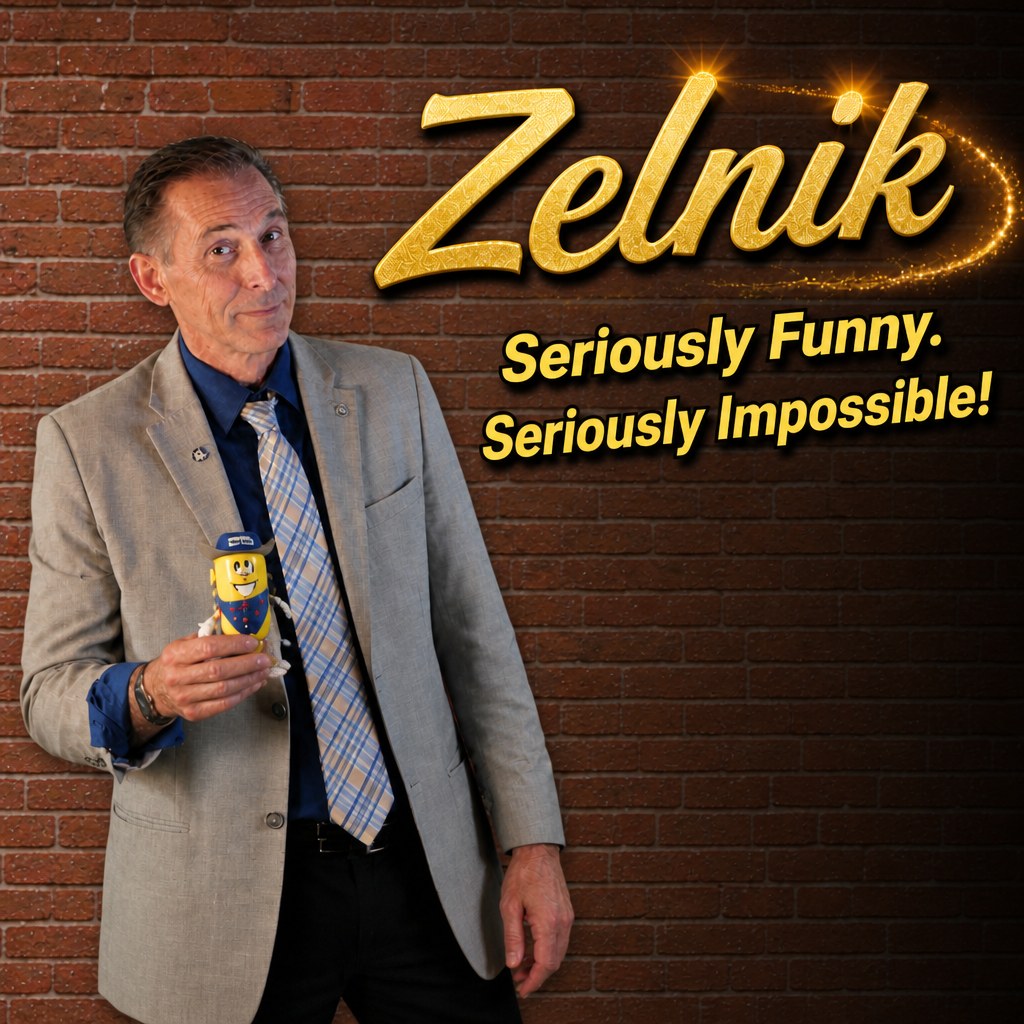 Zelnik holding a magic prop against a brick wall