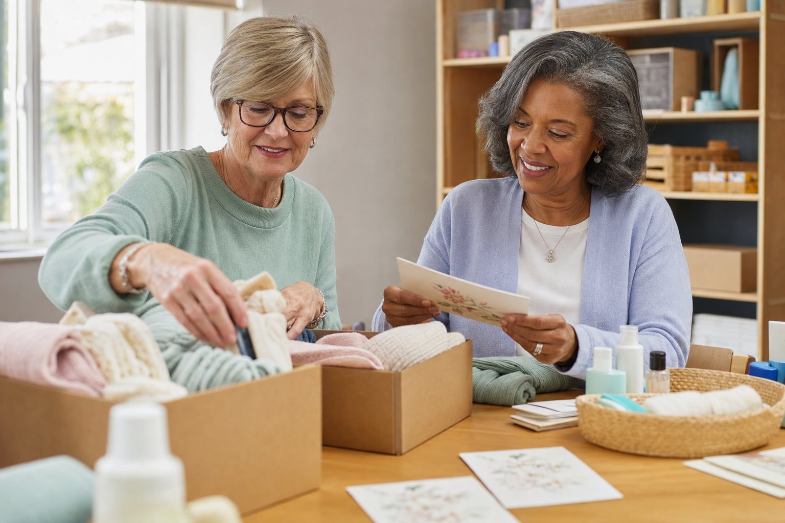 Two older friends assembling care packages and cards at a table