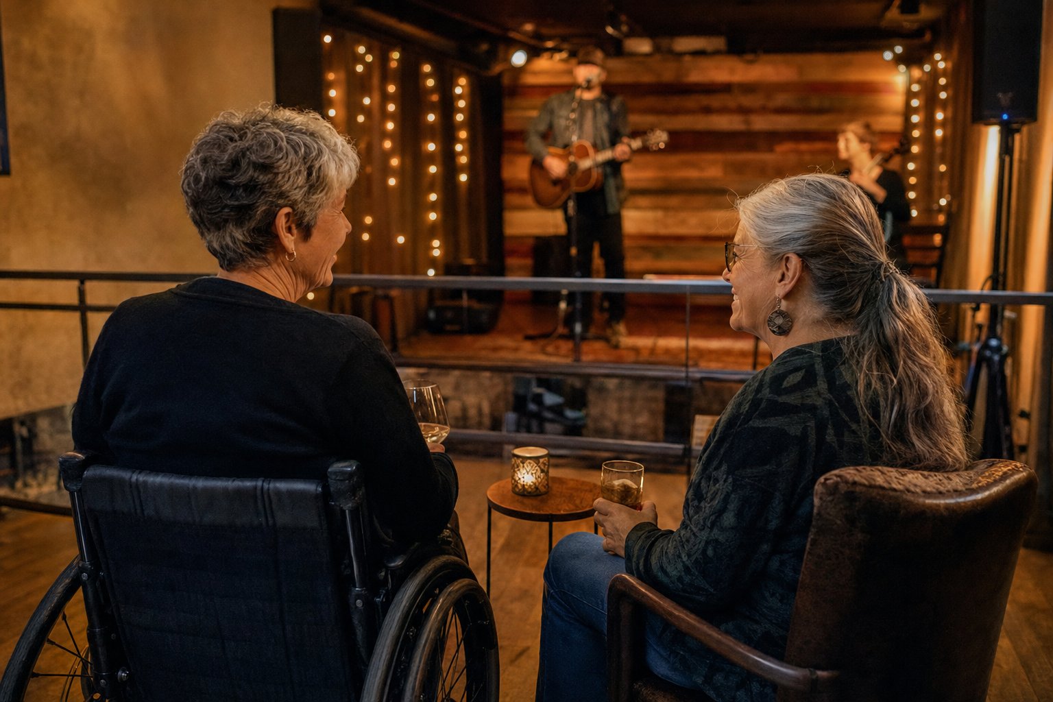 Two older friends enjoying an acoustic performance from an accessible seating area