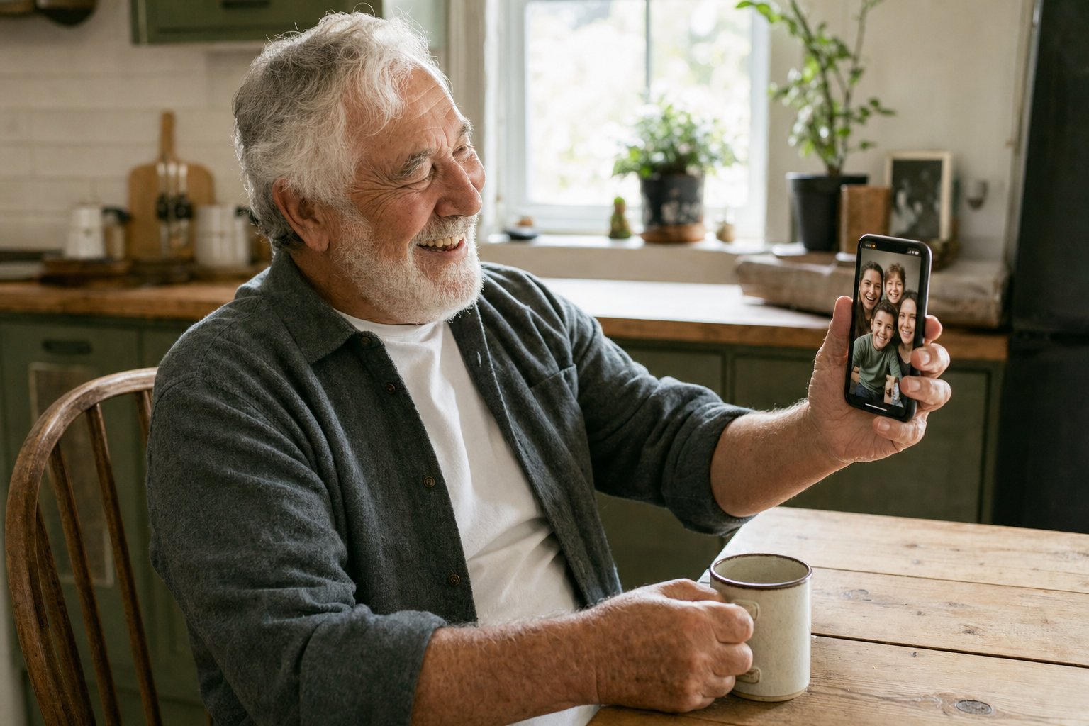 Older man smiling during a video call with family from his kitchen table