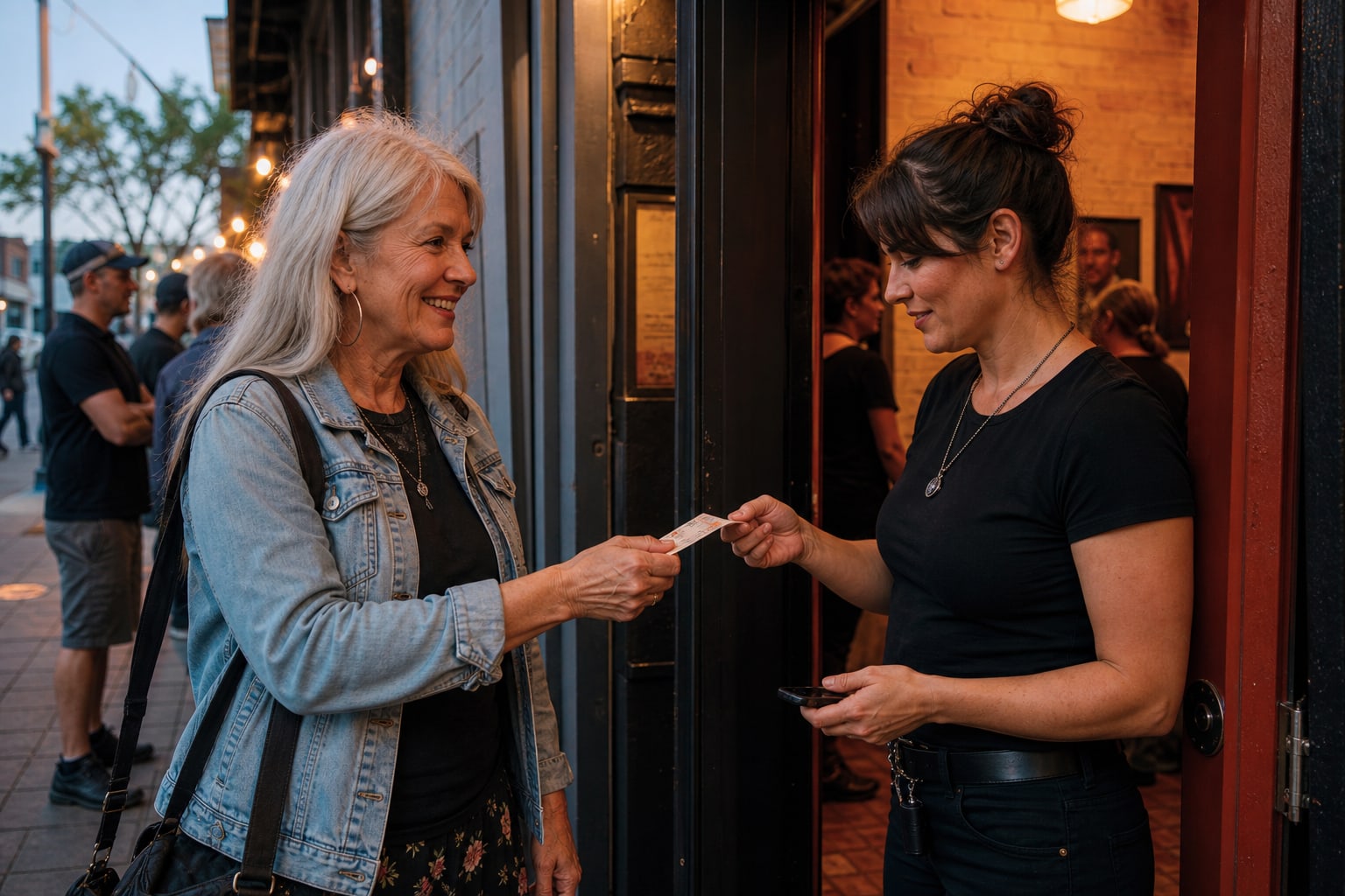 Concertgoer checking entry details with a venue staff member