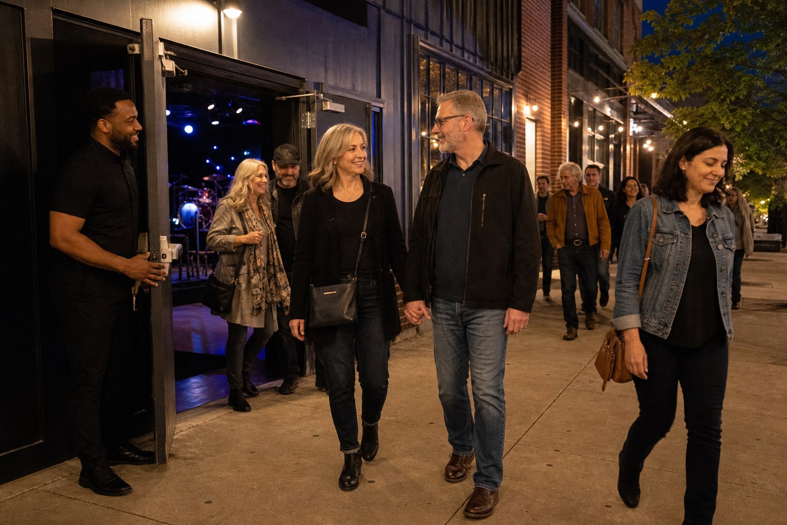 Concertgoers leaving a small venue calmly after a performance