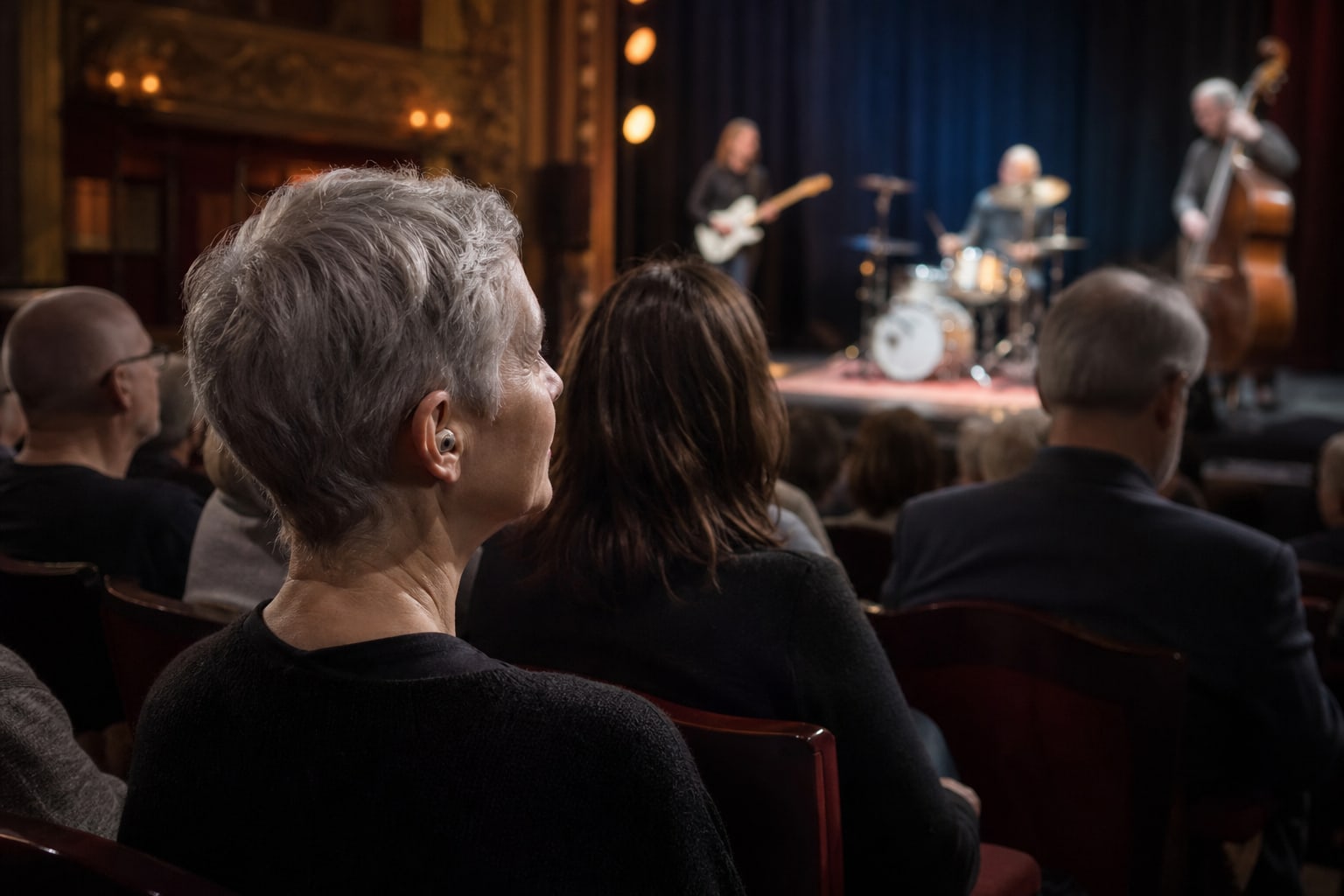 Attentive audience member wearing earplugs at a live performance