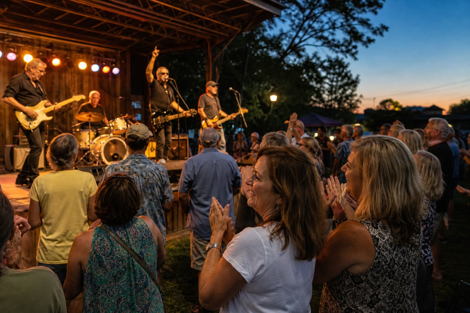 Local rock band playing for a crowd at an outdoor evening concert