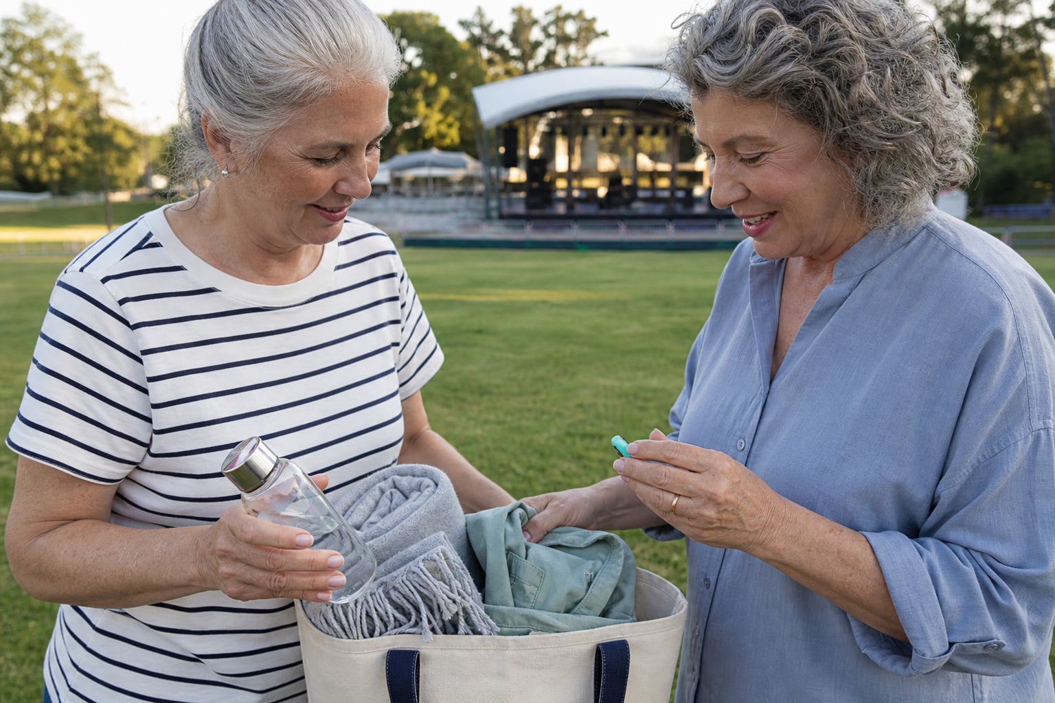 Friends packing a blanket, water and earplugs for an outdoor concert