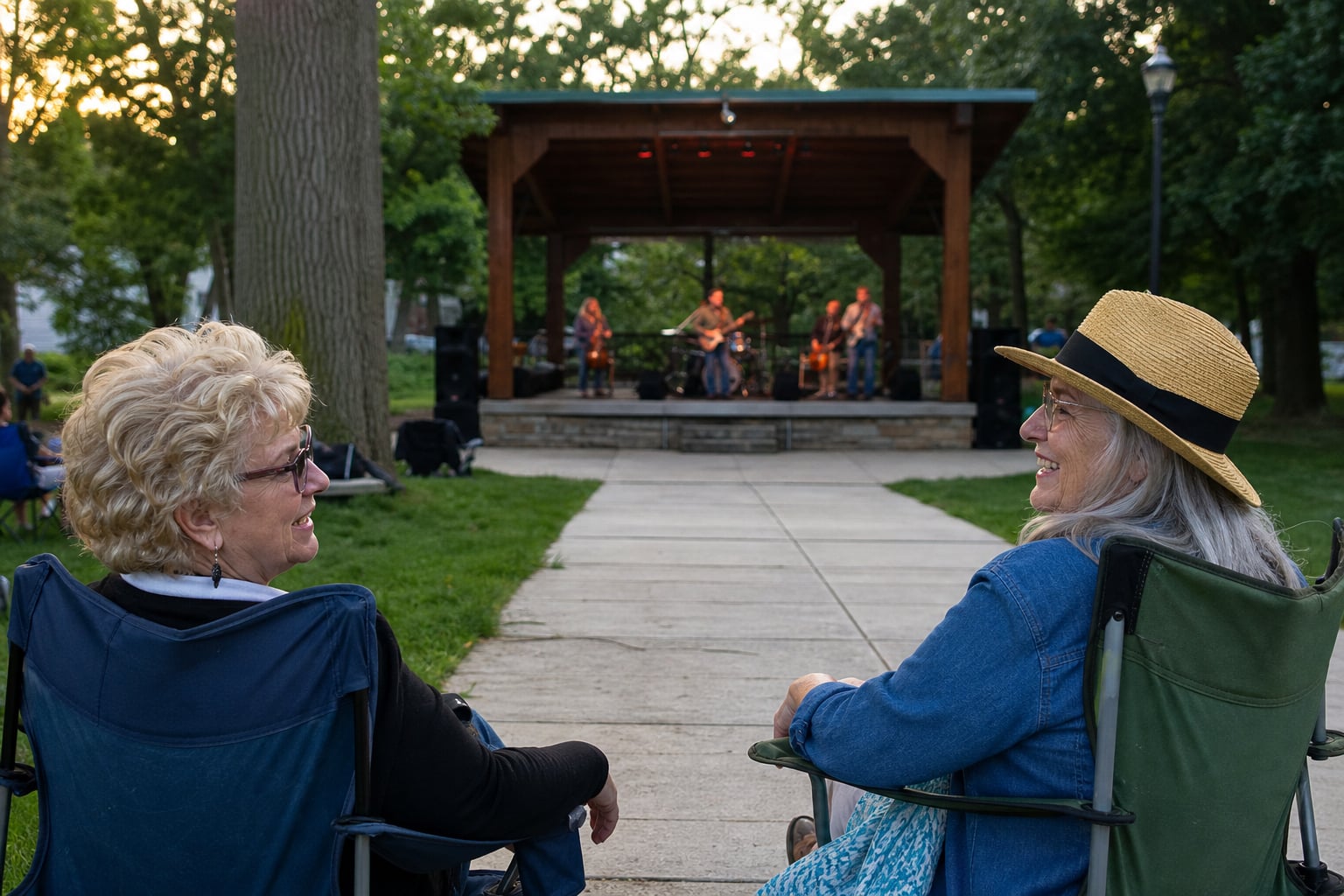 Friends seated comfortably with a clear view of an outdoor concert stage