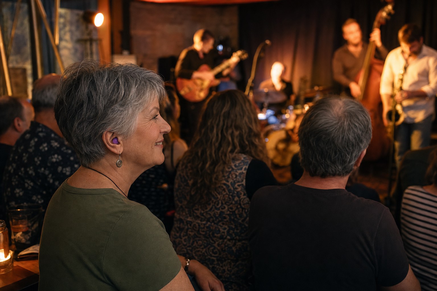 Concertgoer enjoying an intimate live show with earplugs