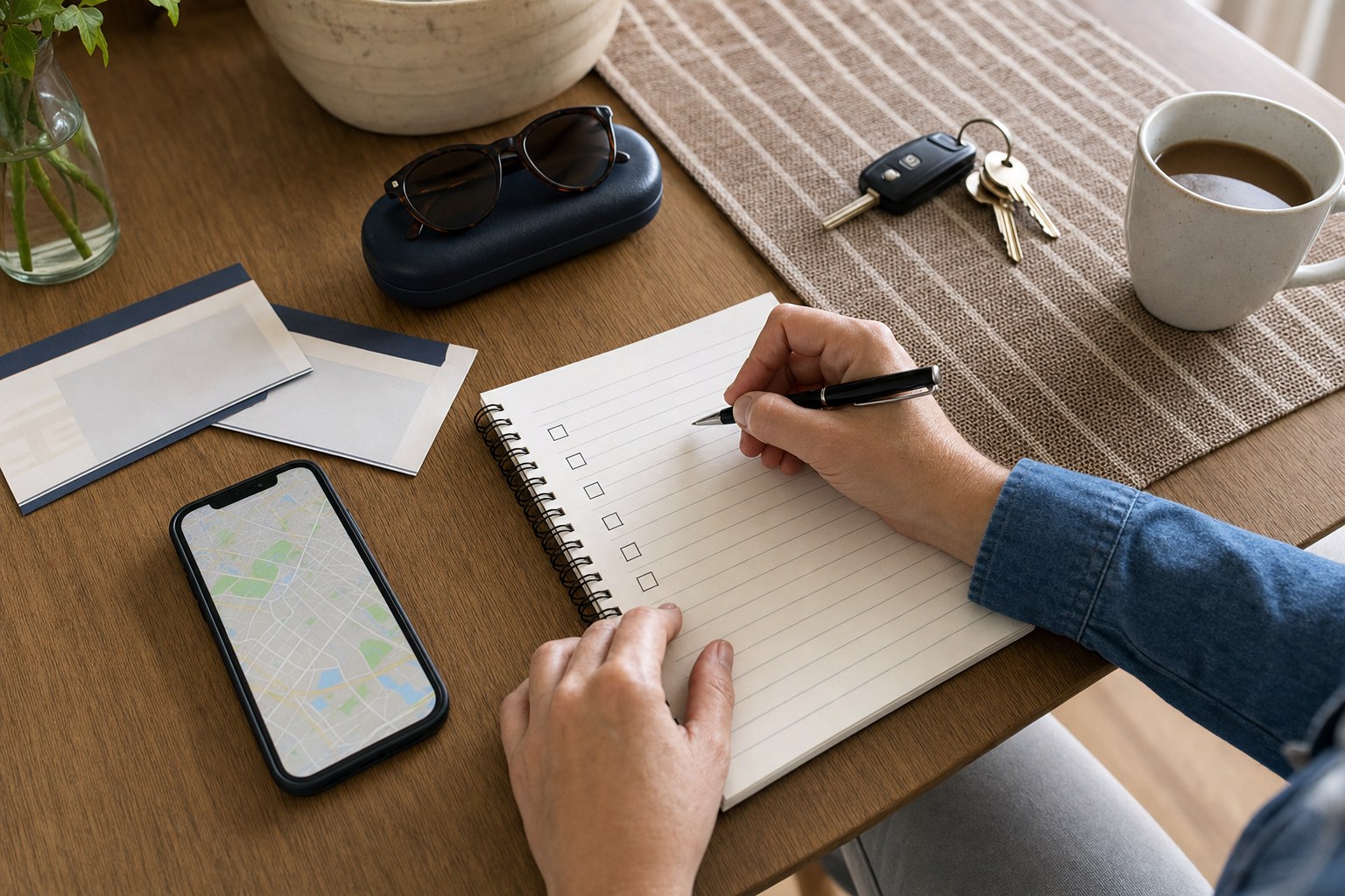 Concertgoer making a checklist beside tickets, keys and a map