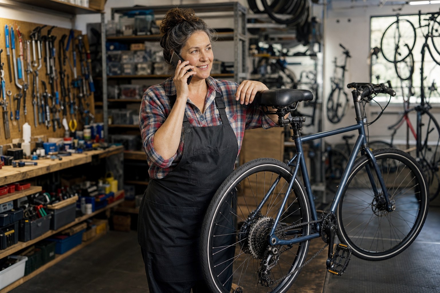 Bicycle repair shop owner calling a customer with an update beside a repaired bicycle