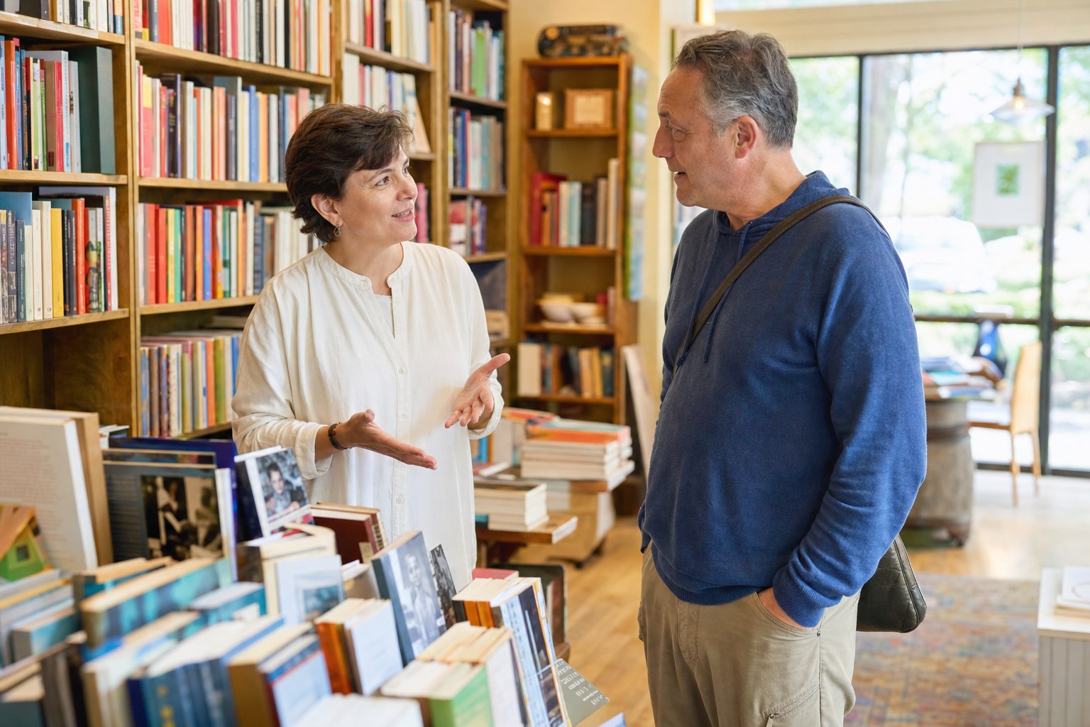 Independent bookstore owner listening to a customer and answering a question