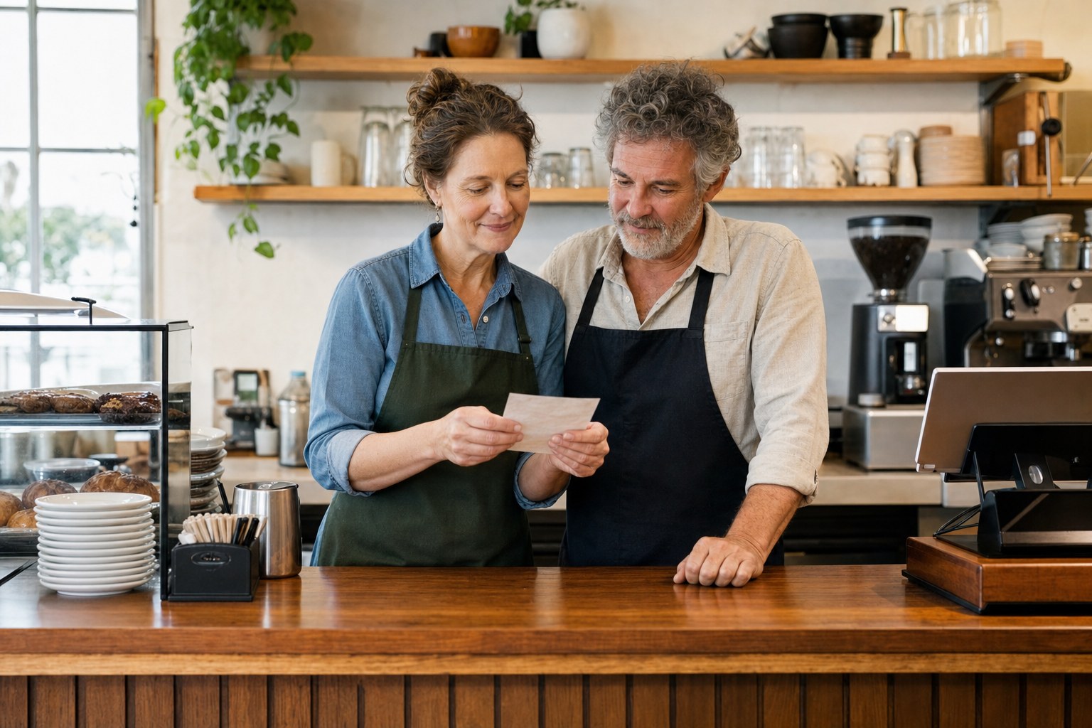 Two cafe owners reviewing a customer note together before opening