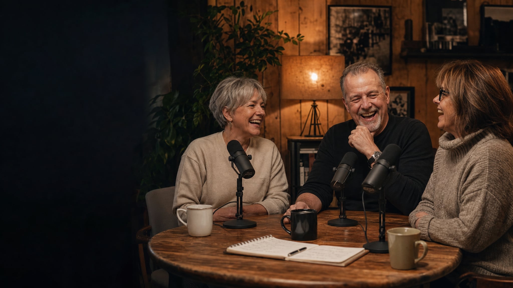 Friends laughing together during a relaxed podcast recording