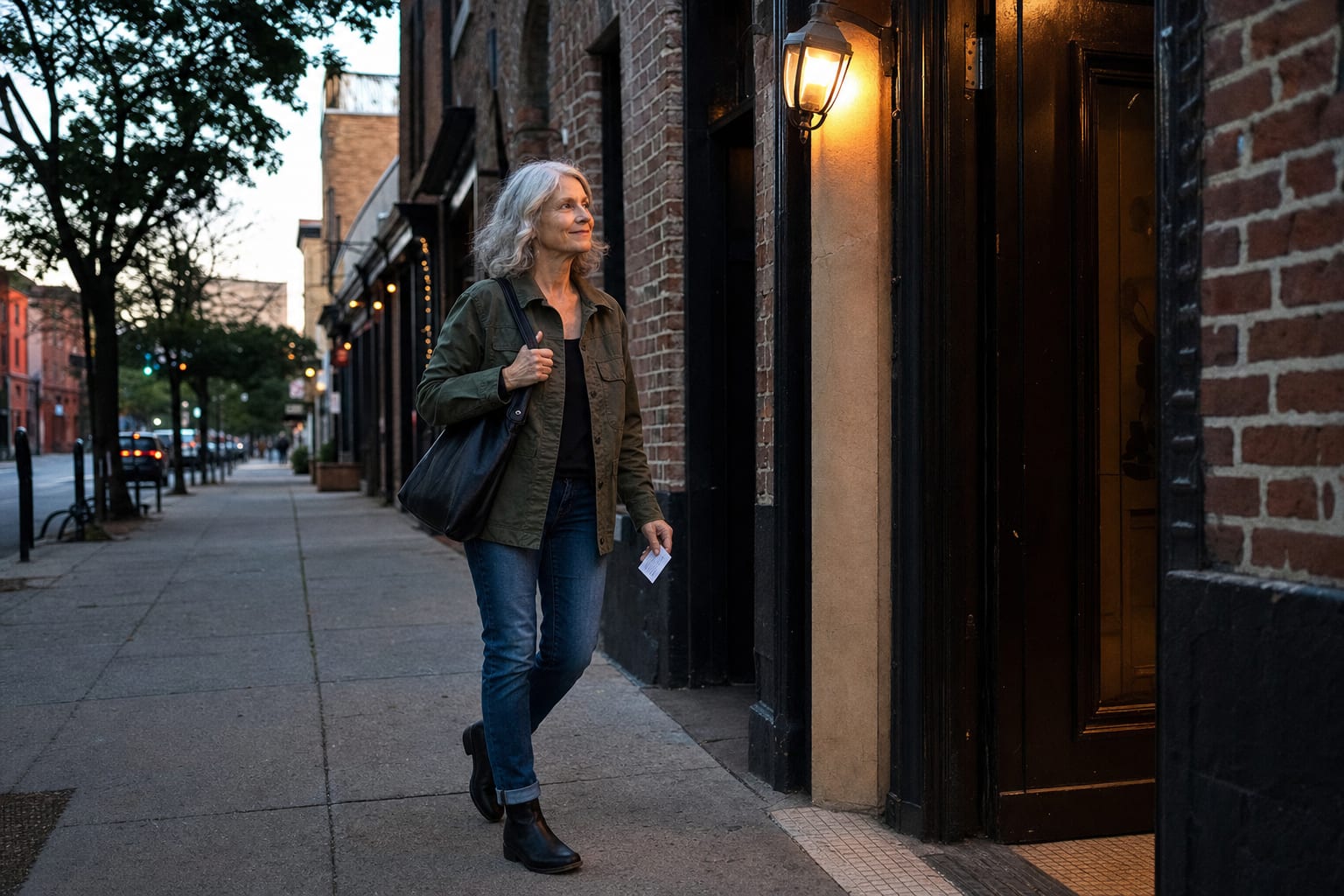 Woman arriving at a small music venue with a ticket