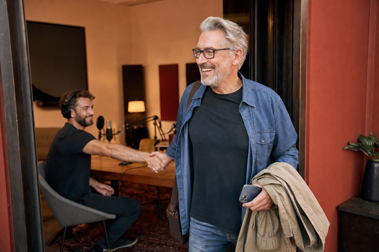 Happy podcast guest shaking hands with a host after a recording session