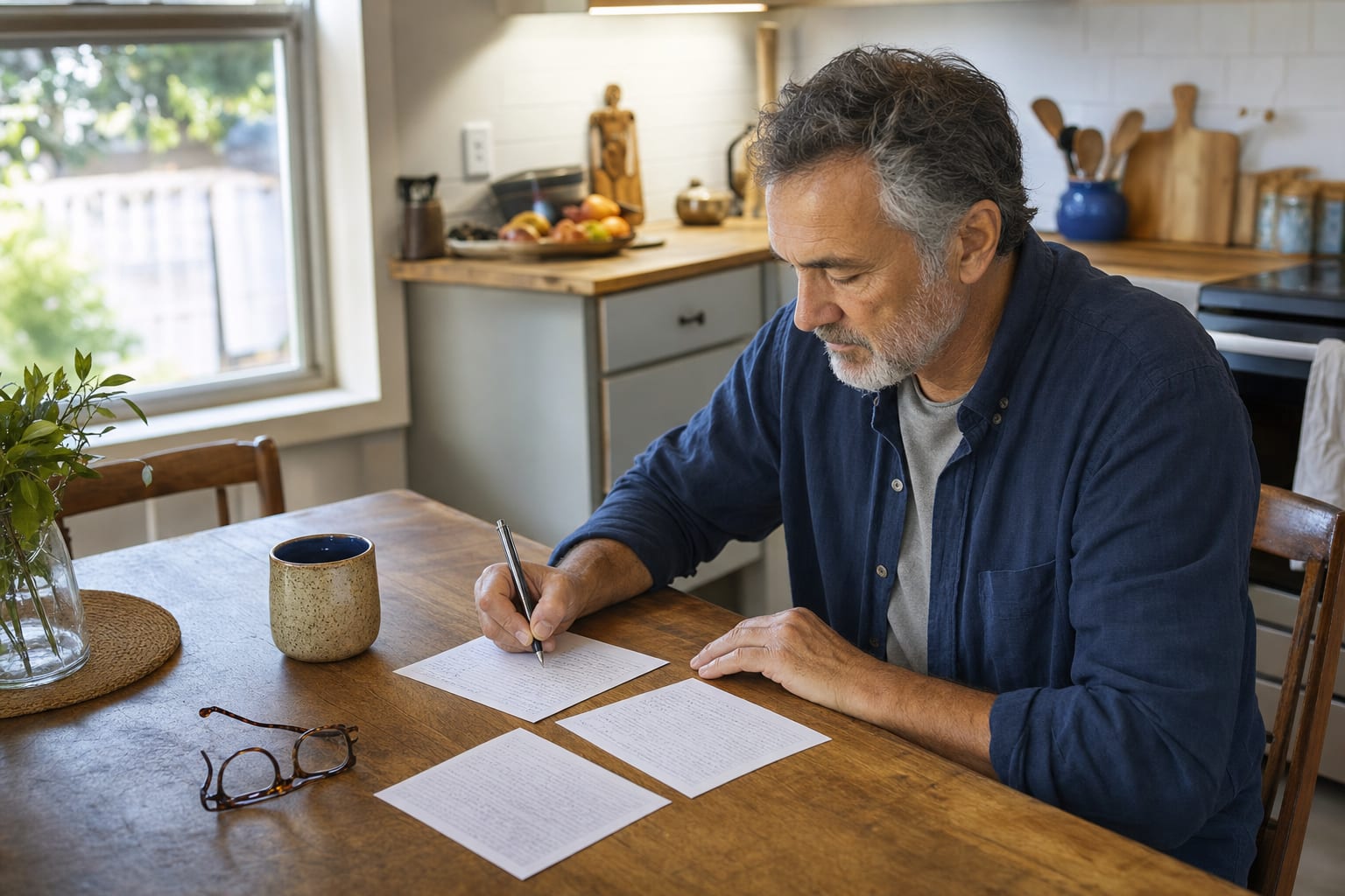 Podcast guest writing a few story notes at a kitchen table before recording