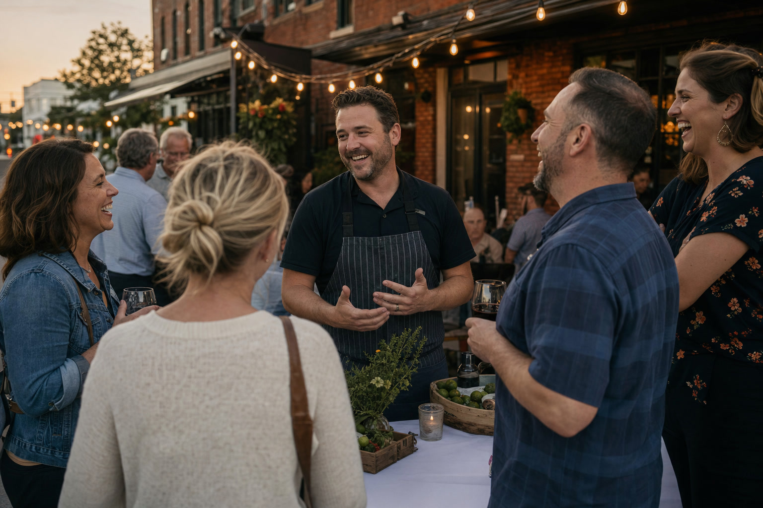 Independent restaurant owner talking with neighbors at an outdoor community event
