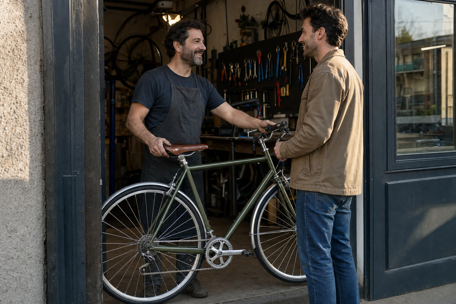 Bicycle repair shop owner returning a repaired bicycle to a customer